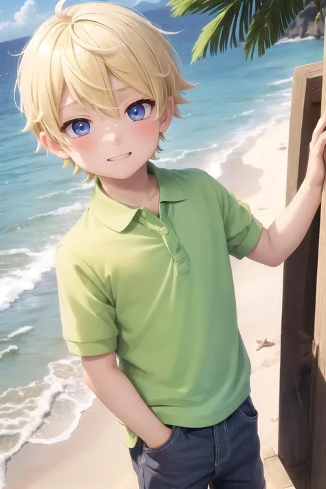 (1boy:1.4), (very short hair), crew cut, (solo:1.4), sfw, (bulge:0.4), male character, ((masterpiece)),
multicolored background, hair between eyes, highlight in eyes, (blonde hair:1.4)
(polo shirt :1.4), short pants, colorful eyes,  male character,( blush:1.2),
multiple details, sky, sea, beach , outside, short hair, handsome,  beautiful eyes (vocaloid), delicate features, high light in eyes, (narrow chin:1.5), triangle chin, (introvert:1.6)
petite, young, juvenile, short hair, male face, detailed beautiful **********, adorable boy, sparkling eyes,
evil grin,  energetic eyes