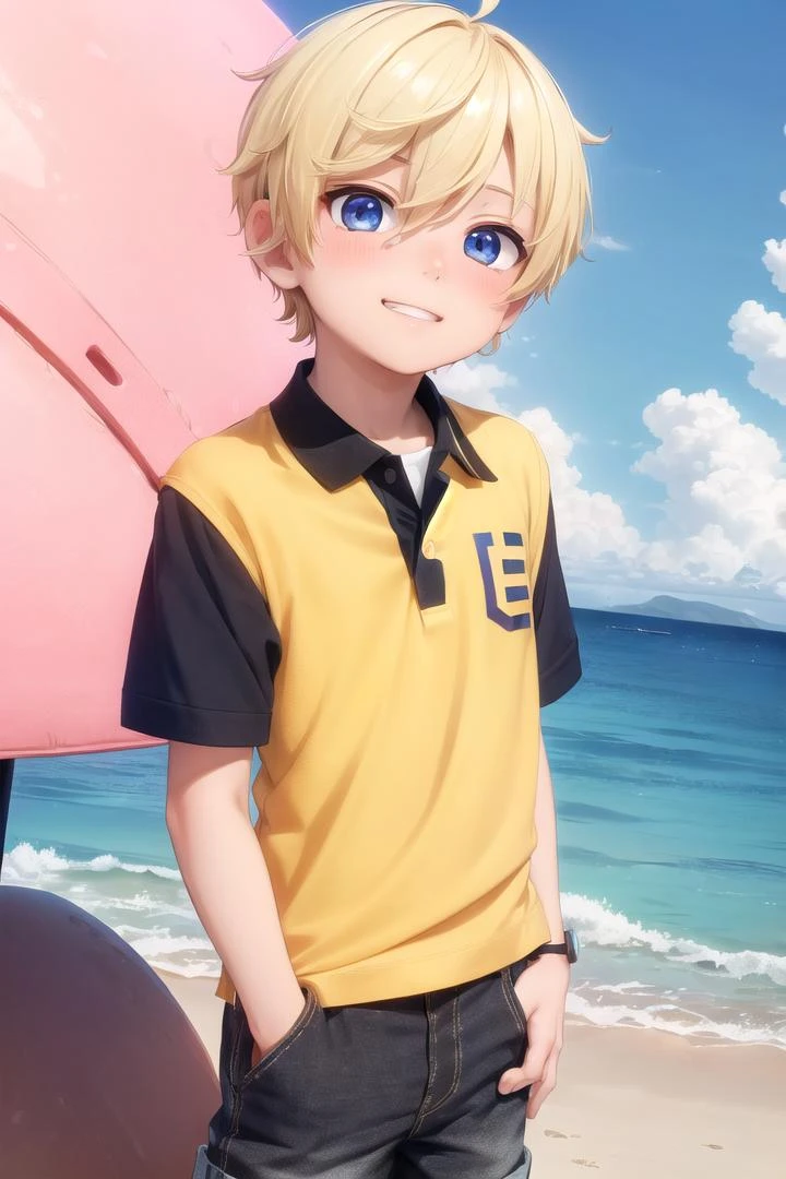 (1boy:1.4), (very short hair), crew cut, (solo:1.4), sfw, (bulge:0.4), male character, ((masterpiece)),
multicolored background, hair between eyes, highlight in eyes, (blonde hair:1.4)
(polo shirt :1.4), short pants, colorful eyes,  male character,( blush:1.2),
multiple details, sky, sea, beach , outside, short hair, handsome,  beautiful eyes (vocaloid), delicate features, high light in eyes, (narrow chin:1.5), triangle chin, (introvert:1.6)
petite, young, juvenile, short hair, male face, detailed beautiful little boy, adorable boy, sparkling eyes,
evil grin,  energetic eyes