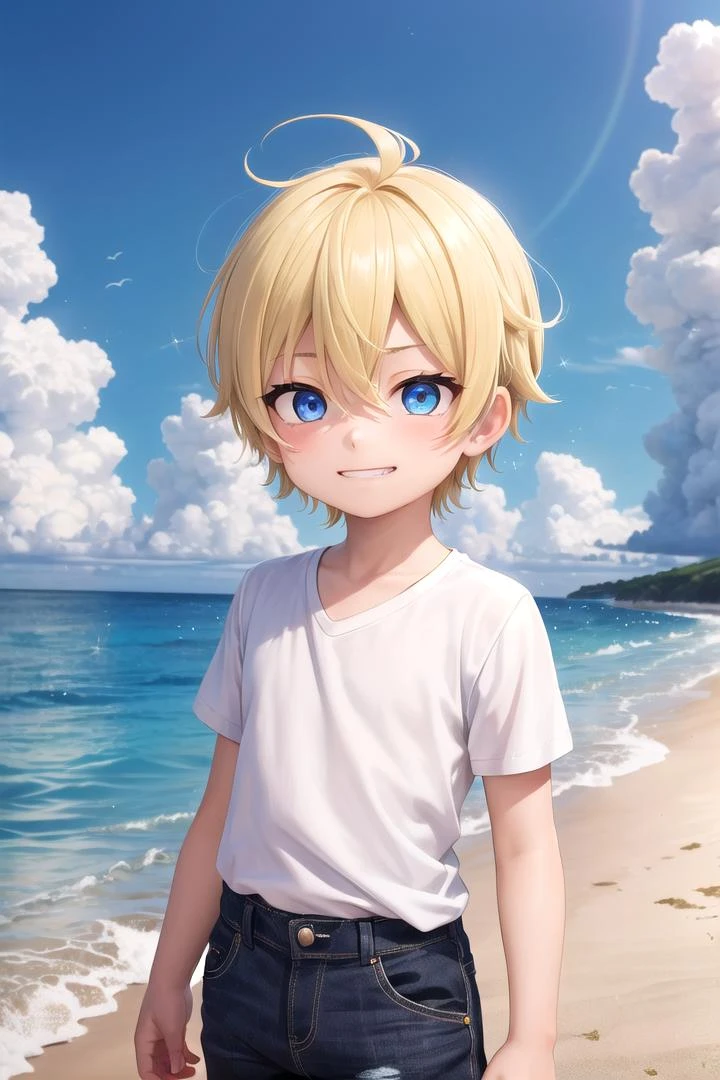 (1boy:1.4), (very short hair), crew cut, (solo:1.4), sfw, (bulge:0.4), male character, ((masterpiece)),
multicolored background, hair between eyes, highlight in eyes, (blonde hair:1.4)
(tight shirt :1.4), hot pants , colorful eyes, male character, male focus,
multiple details, sky, sea, beach , outside, short hair, handsome, beautiful eyes (vocaloid), delicate features, high light in eyes, (narrow chin:1.5), triangle chin, (introvert:1.6)
petite, young, juvenile, short hair, male face, detailed beautiful little boy, adorable boy, sparkling eyes,
evil grin, energetic eyes
