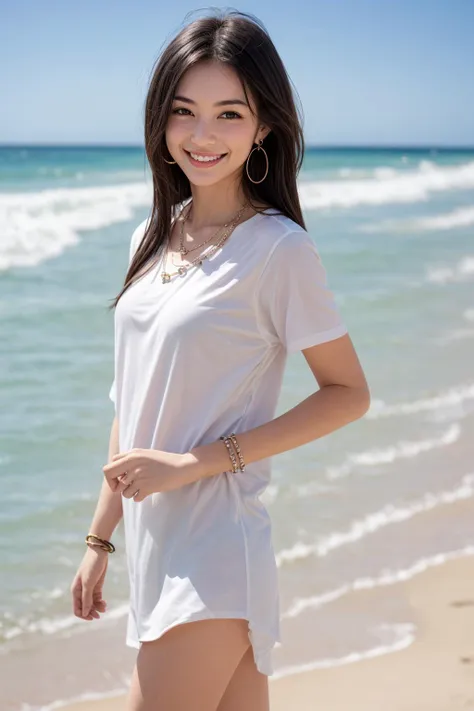 1girl,skinny,small breasts,black hair, pale skin,earrings,bracelelt,necklace,white shirt,beach,blurry background,smile,