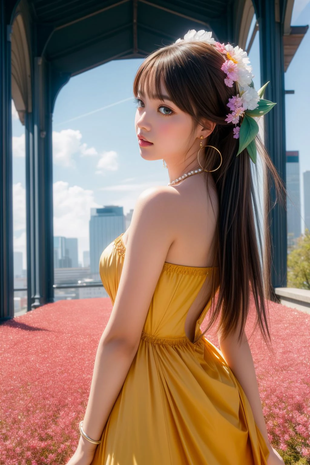 1girl, colorful Cycles render, hyper detailed, rear angle of a Hairy [Entrancing:Trendy:20] Indonesian ([Shooting star|Flower Bulb]:1.3) , it has intricate details, it is made from Amber, and the genre is easy listening from inside of a Asymmetrical Viaduct, lush grass and cityscape, at Overcast, Bokeh, Classical, Guilty, Mythpunk, hard light, F/1.8, three colors, glimmering transformation, Impressionism, in the style of girl with the pearl earring, award winning, beautiful, symmetry, ultra detailed, emotional