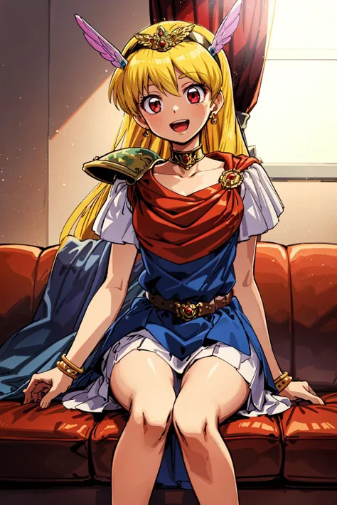 (masterpiece:1.2), best quality, ultra high res, unity 8k wallpaper, (illustration:1.0), (beautiful detailed eyes:1.6), extremely detailed face, Cinematic lighting, high contrast , clear color, (perfect hands,perfect anatomy), (dynamic angle and pose:1.3), best angle, (1girl, solo:1.5), smooth, simple, BREAK
magical princess, blonde hair, long hair, (red eyes:1.3), BREAK
hairband, jewelry, shoulder armor, bracelet, blue dress, armor, pauldrons, belt,  choker, cape, BREAK
smile, open mouth, BREAK
(luxurious mansion:1.4), (indoor:1.2), (window:1.3), (curtain:1.2), (sofa:1.6), (sitting:1.4),