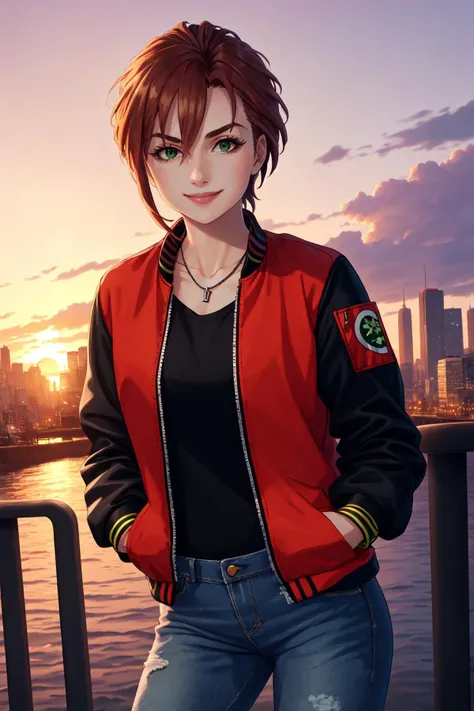 (masterpiece, best quality), outdoors, sunset, 1girl, solo, KibaManamiManityro, green eyes, <lora:KibaManami_V1-Manityro-dadapt:1>, toned, looking at viewer, smile, bomber jacket, denim jeans, black shirt, necklace, hands in pockets, bracelet,