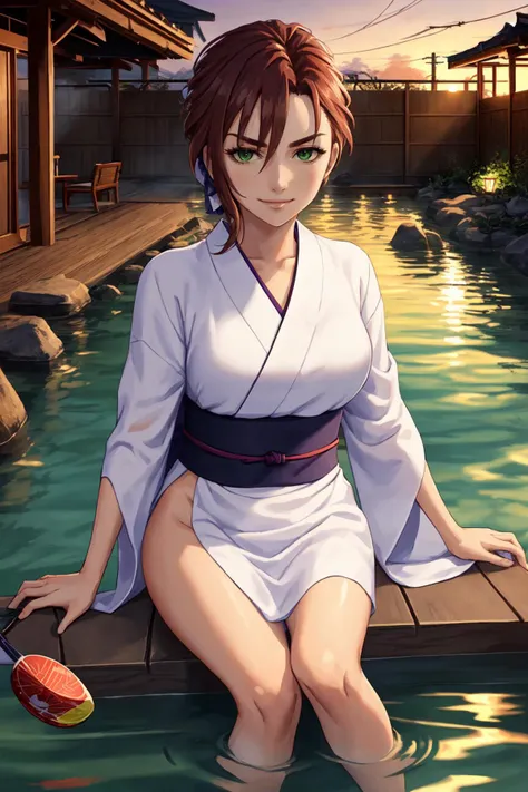 (masterpiece, best quality), outdoors, sunset, 1girl, solo, KibaManamiManityro, green eyes, <lora:KibaManami_V1-Manityro-dadapt:1>, toned, looking at viewer, smirk, sitting, holding uchiwa, purple yukata, partially submerged, onsen