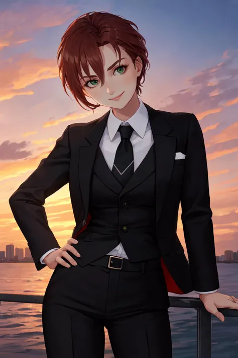 (masterpiece, best quality), outdoors, sunset, 1girl, solo, KibaManamiManityro, green eyes, <lora:KibaManami_V1-Manityro-dadapt:1>, toned, looking at viewer, smile, seductive smile, black suit, suit pants, black pants, hand on hip, hand in own hair,