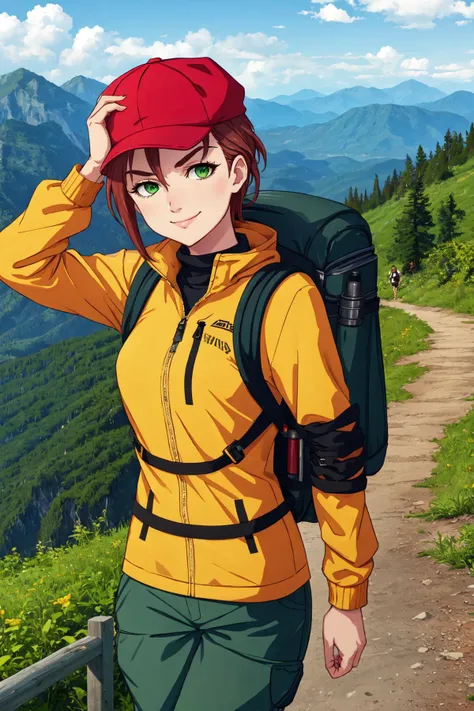 (masterpiece, best quality), outdoors, 1girl, solo, KibaManamiManityro, green eyes, <lora:KibaManami_V1-Manityro-dadapt:1>, toned, looking at viewer, smirk, hiking jacket, hiking pants, backpack, cap, hand on headwear,