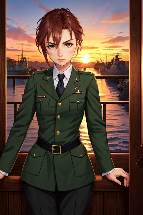 (masterpiece, best quality), ourdoors, sunset, 1girl, solo, KibaManamiManityro, green eyes, <lora:KibaManami_V1-Manityro-dadapt:1>, toned, looking at viewer, military uniform, necktie, military base,