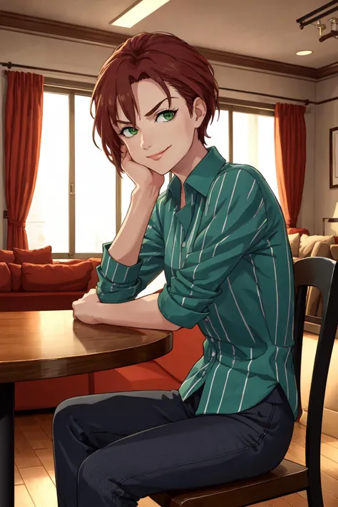 (masterpiece, best quality), indoors, living room, 1girl, solo, KibaManamiManityro, green eyes, <lora:KibaManami_V1-Manityro-dadapt:1>, toned, looking at viewer, smirk, chin rest, vertical-striped shirt, green shirt, pants, black undershirt, sitting, table, chair