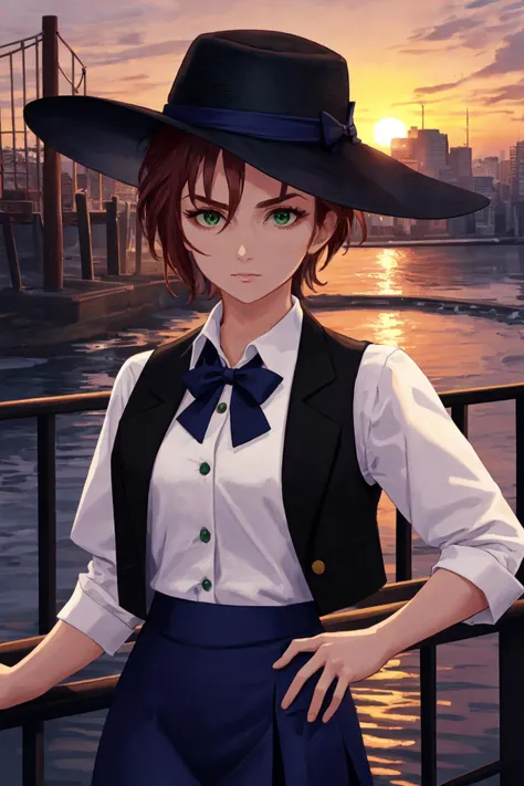 (masterpiece, best quality), outdoors, sunset, 1girl, solo, KibaManamiManityro, green eyes, <lora:KibaManami_V1-Manityro-dadapt:1>, toned, looking at viewer, frilled shirt, white shirt, black vest, open vest, holding hat, blue skirt