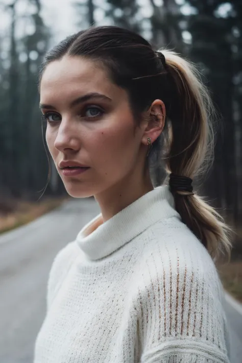 A stunning intricate full color portrait of smp, wearing a white sweater, pony tail hair, epic character composition, by ilya kuvshinov, alessio albi, nina masic, sharp focus, natural lighting, subsurface scattering, f2, 35mm <lyco:SophieMoulds-RealVision-V1.0:1.0>