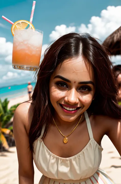 tv_Mandip_Gill_A, , laughing expression, wearing a summer dress, standing at a beach bar, tropical resort, colorful cocktails, golden hour,, (((epic-Ultra-HD-details, epic-Ultra-HD-highlights, upscaled-resolution, optimal)))