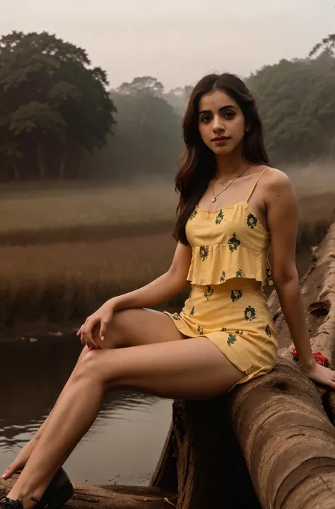 tv_Mandip_Gill_A , , calm expression, wearing a colorful sundress, sitting on a log at a misty forest pond, golden hour, shot from the side,, (((epic-Ultra-HD-details, epic-Ultra-HD-highlights, upscaled-resolution, optimal)))