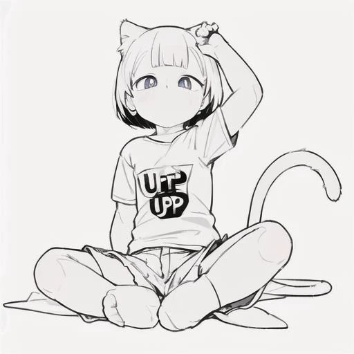 (best quality, masterpiece, best anatomy score_9,score_8_up,score_7_up,score_6_up,score_5_up,score_4_up,score_3_up,highres),(_boy,child,ut,cat ears,slit_pupils,snake_pupils,wavy_mouth,sitting,short sleeve T-shirts,shorts,),white background,<lora:anime pose(final):1>,anime pose,((white background:1.5)),high_contrast,monochrome,