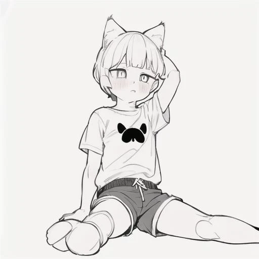 (best quality, masterpiece, best anatomy score_9,score_8_up,score_7_up,score_6_up,score_5_up,score_4_up,score_3_up,highres),(_boy,child,ut,cat ears,slit_pupils,snake_pupils,wavy_mouth,sitting,short sleeve T-shirts,shorts,),white background,<lora:anime pose(final):1>,anime pose,((white background:1.5)),high_contrast,monochrome,