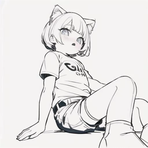 (best quality, masterpiece, best anatomy score_9,score_8_up,score_7_up,score_6_up,score_5_up,score_4_up,score_3_up,highres),(_boy,child,ut,cat ears,slit_pupils,snake_pupils,wavy_mouth,sitting,short sleeve T-shirts,shorts,),white background,<lora:anime pose(final):1>,anime pose,((white background:1.5)),high_contrast,monochrome,