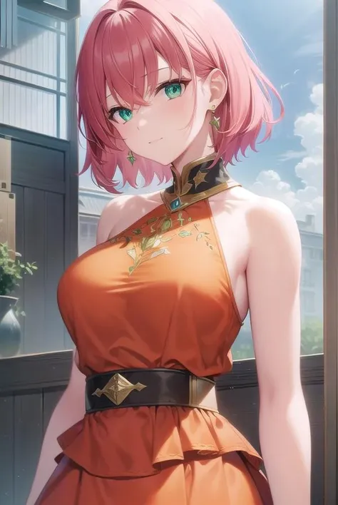 lennacharlottetycoon, <lora:lennacharlottetycoon-lora-nochekaiser:1>,
short hair, (green eyes:1.5), pink hair,
BREAK normlenna, dress, jewelry, earrings, sleeveless, bracelet, orange skirt, orange shirt, orange dress,
BREAK looking at viewer,
BREAK outdoors,
BREAK <lyco:GoodHands-beta2:1>, (masterpiece:1.2), best quality, high resolution, unity 8k wallpaper, (illustration:0.8), (beautiful detailed eyes:1.6), extremely detailed face, perfect lighting, extremely detailed CG, (perfect hands, perfect anatomy),