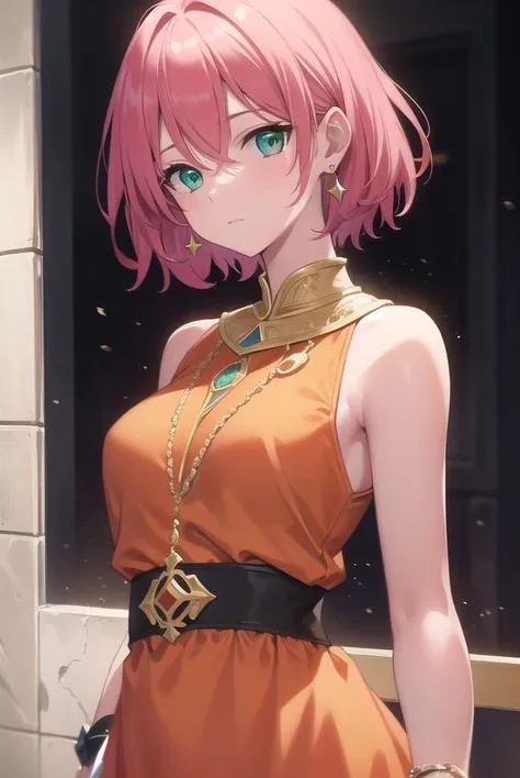 lennacharlottetycoon, <lora:lennacharlottetycoon-lora-nochekaiser:1>,
short hair, (green eyes:1.5), pink hair,
BREAK normlenna, dress, jewelry, earrings, sleeveless, bracelet, orange skirt, orange shirt, orange dress,
BREAK looking at viewer,
BREAK outdoors,
BREAK <lyco:GoodHands-beta2:1>, (masterpiece:1.2), best quality, high resolution, unity 8k wallpaper, (illustration:0.8), (beautiful detailed eyes:1.6), extremely detailed face, perfect lighting, extremely detailed CG, (perfect hands, perfect anatomy),