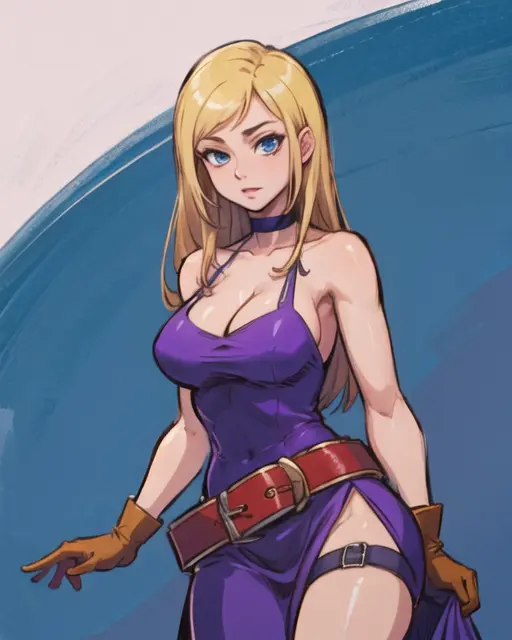 (masterpiece, best quality), cowboy shot, BJenetMS, 1girl, ((solo)), dress,side slit,cleavage, gloves,choker , belt,thigh strap, purple dress, bare shoulders, <lora:BJenetMS:1> <lora:MurkySpecial:0.6>