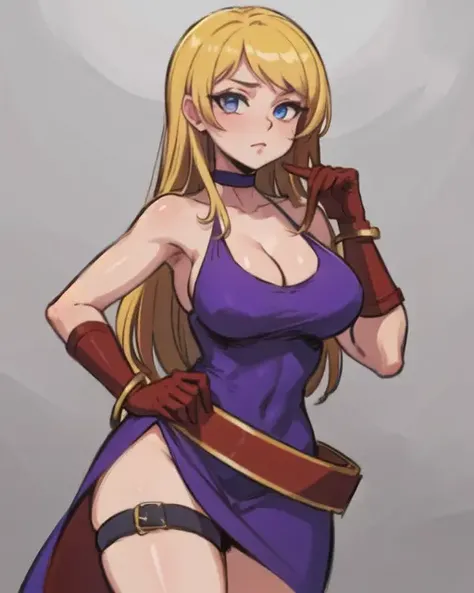 (masterpiece, best quality), cowboy shot, BJenetMS, 1girl, ((solo)), dress,side slit,cleavage, gloves,choker , belt,thigh strap, purple dress, <lora:BJenetMS:1> <lora:MurkySpecial:0.6>