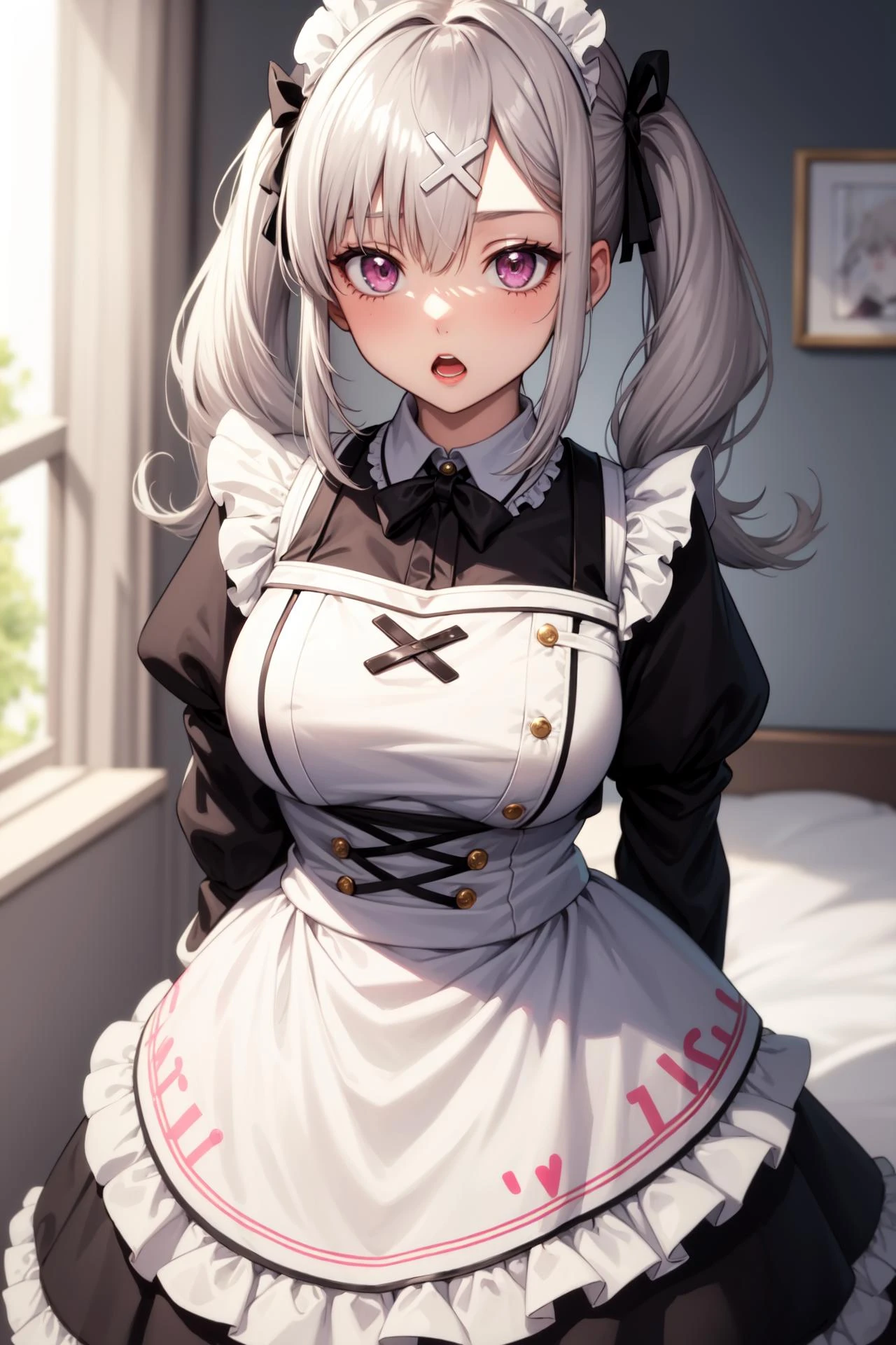 1girl ,anime style, masterpiece ,superfine resolution, intricate , straight-on , complex quality <lora:sukoya kana by Goofy Ai:1> sukoya kana , gray hair, pink eyes, twintails,long hair, x hair ornament ,maid outfit , open mouth , :o , dizzy , tired