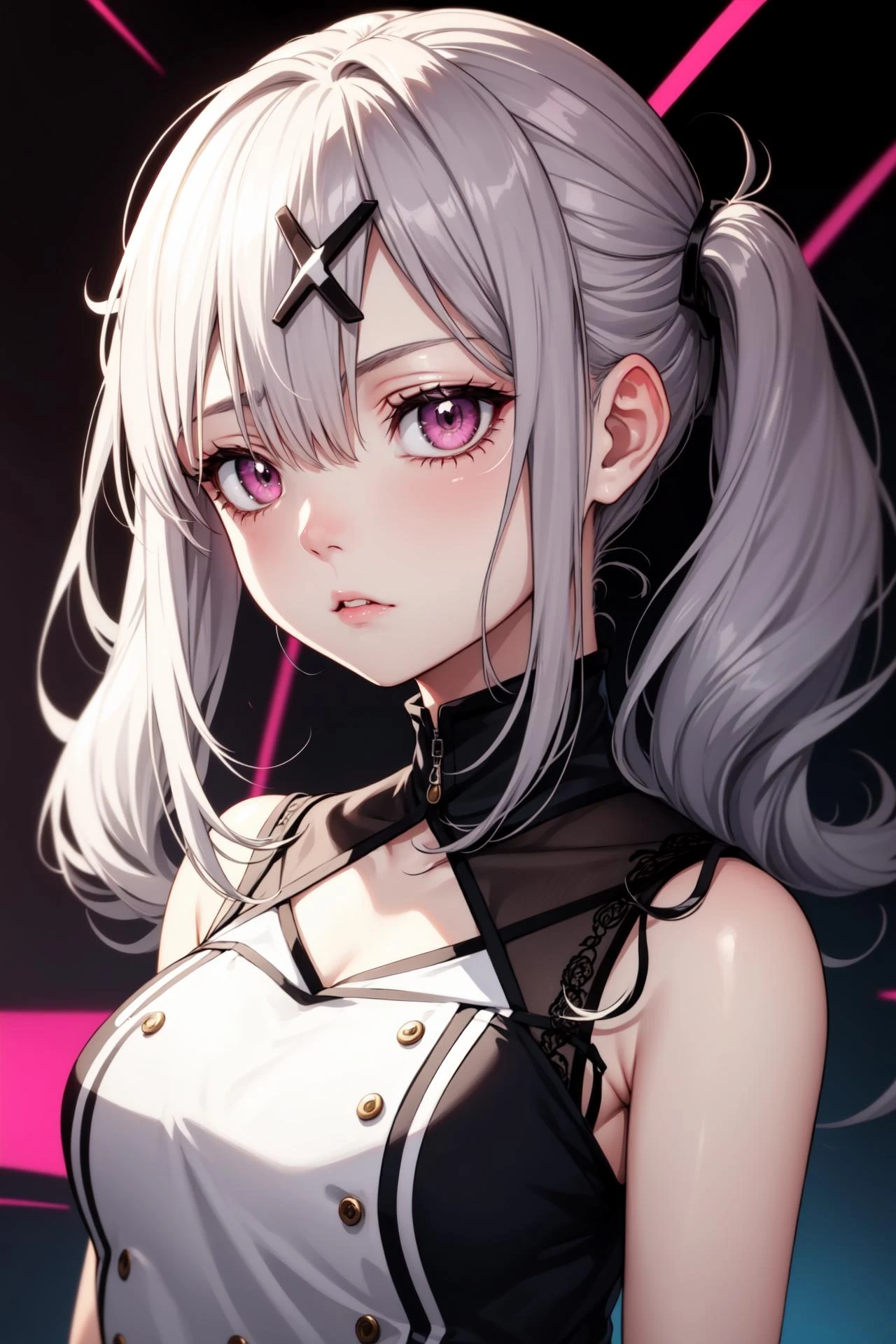 1girl ,anime style, masterpiece ,superfine resolution, intricate , straight-on , complex quality <lora:sukoya kana by Goofy Ai:1> sukoya kana , gray hair, pink eyes, twintails,long hair, x hair ornament , blue circles under eyes , tired expression , half closed eyes , sad ,glitch