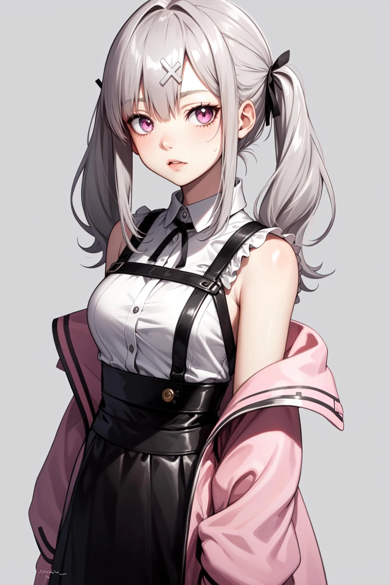 1girl ,anime style, masterpiece ,superfine resolution, intricate , straight-on , complex quality <lora:sukoya kana by Goofy Ai:1> sukoya kana , gray hair, pink eyes, twintails,long hair, x hair ornament