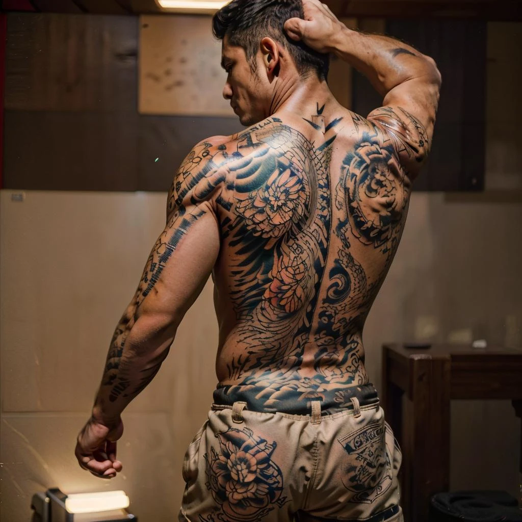 (YakuzaTattoo in body, chest, both arms tattoo:1.25) ,(1boy sitting in a japanese dojo:1.2), (topless, shorts, navel:1.2),(short hair, black hair, brown eyes:1.2), looking at viewer, from behind, bamboo, muscular,
(detailed ladscape, red background:1.2), (dynamic_angle:1.2), (dynamic_pose:1.2), (red backlighting:1.3),
(realistic:1.4), ((realism)), (masterpiece:1.2), (best quality), (ultra detailed:1.2), (8k, 4k, intricate), (canon R5, 50mm focal length, f/5.6), (cowboy shot:1), (85mm),light particles, lighting, (highly detailed:1.2),(detailed face:1.2), (gradients), colorful,(detailed eyes:1.2), (ultra photorealistic:1.2), (detailed skin:1.2),
<lora:XenoDetailer:0.3><lora:epiNoiseoffset_v2:0.5> <lora:YakuzaTattoo_Concept:0.55>