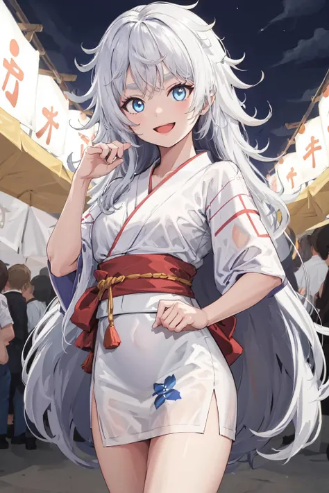 masterpiece, best quality, highres, 1girl, solo, long hair, blue eyes, white hair, messy hair, <lora:poli_(nikke)_v1:0.6>, yukata, night, summer festival, outdoors, smile, cowboy shot, standing,