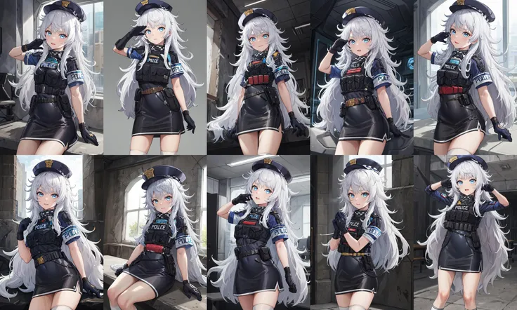 masterpiece, best quality, highres, 1girl, solo, long hair, hat, blue eyes, white hair, messy hair, black gloves, white socks, police uniform, black skirt, short sleeves, <lora:poli_(nikke)_v1:0.6>, cowboy shot,