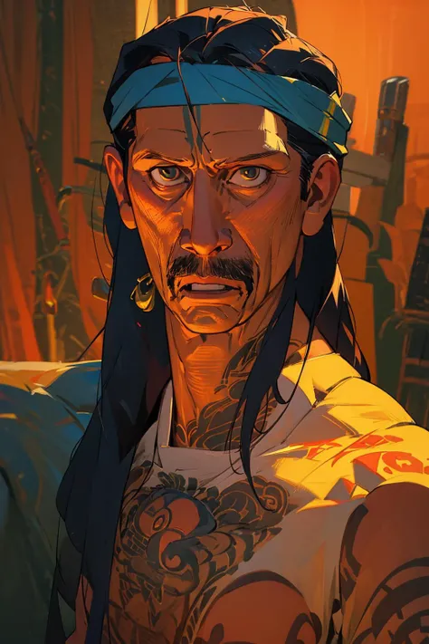 1man, solo, portrait muscular dannytrejo wear indian costume headband, looking at viewer, tattoo on chest, ornate, details, realistic, rim lighting, dim light <lora:ARWDannyTrejo:1>