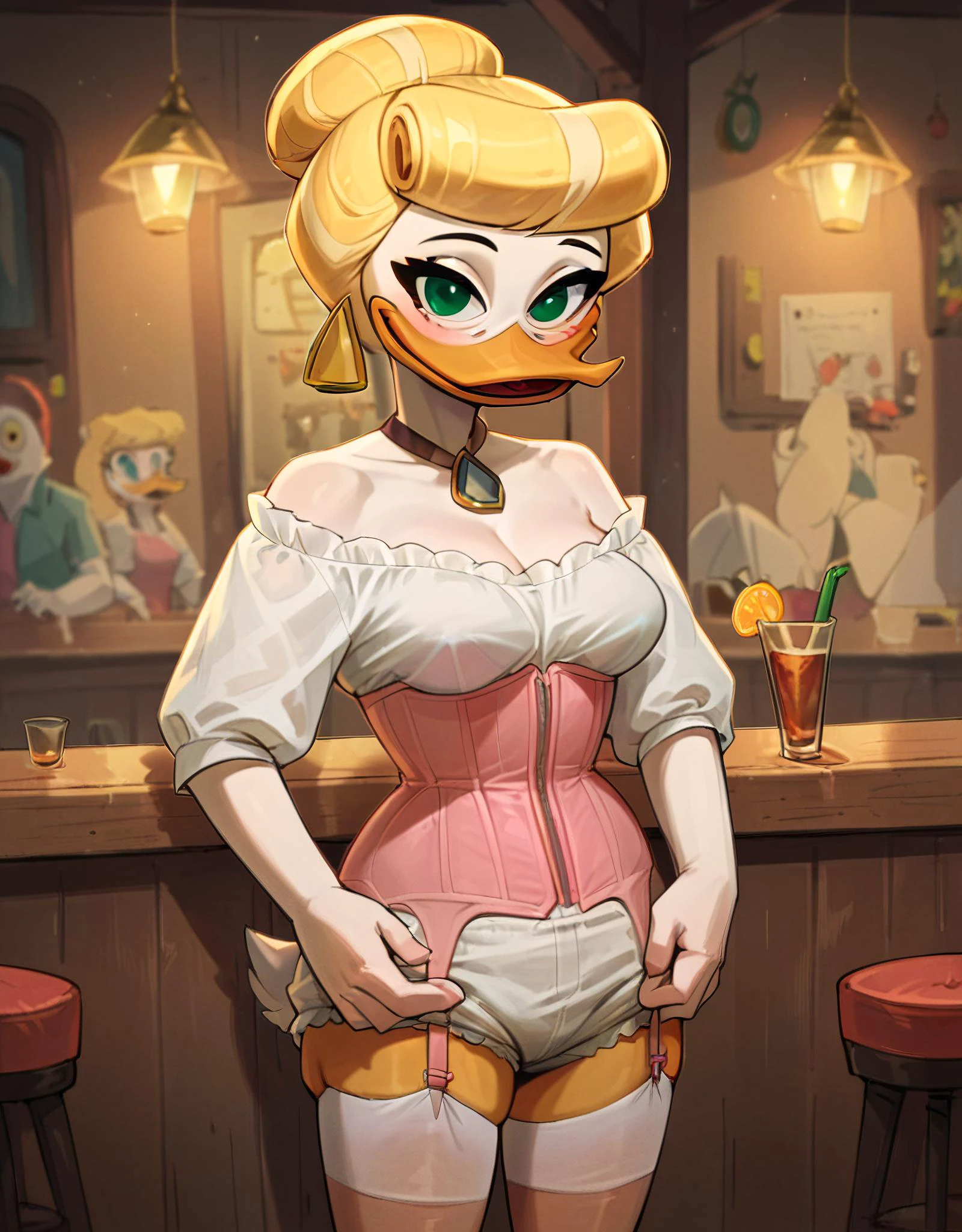 score_9, score_8_up, score_7_up, score_6_up,score_5_up,score_4_up,, 1girl,goldie o'gilt, ducktales, beak, duck, green eyes, eyebrows, blonde hair, mature female, eye bags, eyelashes, scut tail, white skin, orange legs, cute, sexy, hud_vtg_ling, pink corset, bloomers, garter straps, puffy sleeves, blouse, off shoulder, jewelry, white thighhighs, standing by the bar, looking at you, smiles, in a bar, crowded, dark, hazy, low light, wild west, <lora:vintage_lingerie:1> <lora:Goldie_OGilt:1>, ZPDXL, <lora:more_details:1> <lora:xl_more_art-full_v1:1> <lora:ugly_style:-1>