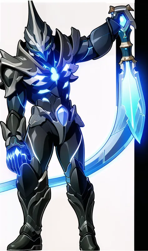 weapon, 1boy, sword, holding, armor, male focus, solo, holding weapon, white background, holding sword, helmet, glowing, black armor, standing, simple background, tokusatsu, full armor, horns, full body, glowing eyes,Grey blue armor