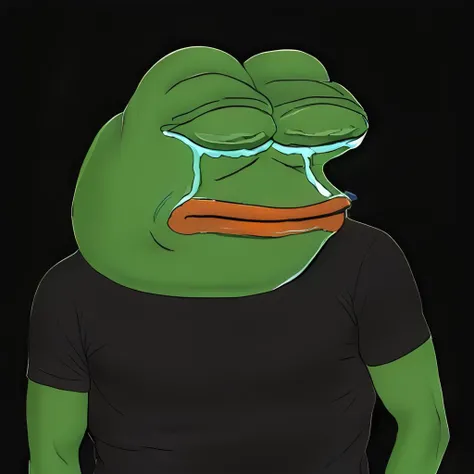 pepe the frog, crying, black shirt, simple background  <lora:pepe75:1>
