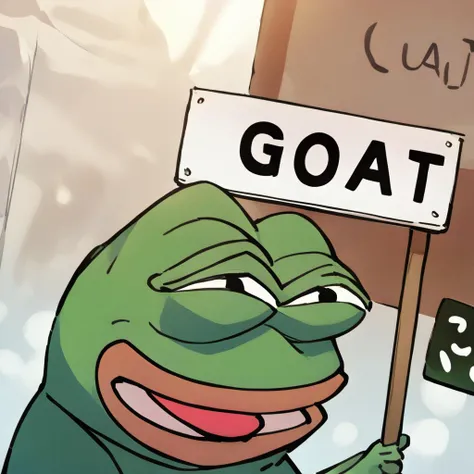 pepe the frog, sign, "GOAT", smirk, solo_focus <lora:pepe55:1>,best quality, masterpiece