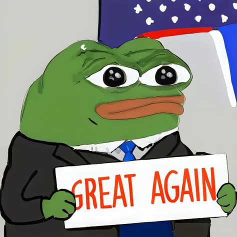 "GREAT AGAIN", pepe the frog, holding a sign, suit, simple background<lora:pepe75:1>