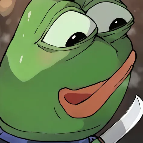 pepe the frog, cute, holding a knife, solo_focus <lora:pepe55:1>,best quality, masterpiece