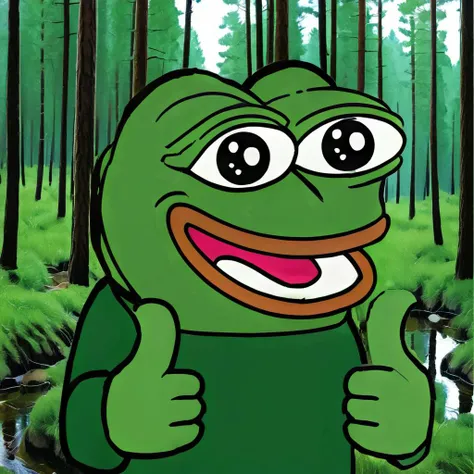thumb up, pepe the frog, in forest, smile <lora:pepe75:1>
