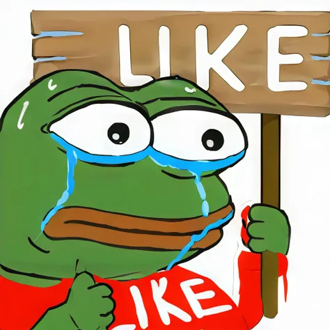 pepe the frog, "Like", crying, holding a sign, simple white background <lora:pepe75:1>