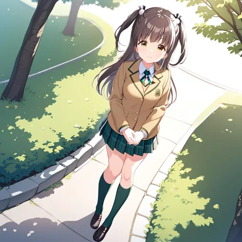 (masterpiece),suzumurayu,1girl,yucasual hair ornament,yuschool jacket,yuschool skirt,yuschool schooluniform,yugreen socks,two side up,looking at viewer,smile,loafers,own hands together,full body,solo,standing,<lora:SuzumuraYu:0.8>,on depth of field,outdoor,cinematic_angle,