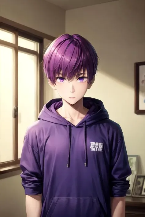 masterpiece, best quality, , 1boy, solo, male focus, looking at viewer, , , <lora:ryou_hoshino:0.74>, ryou_hoshino, purple hair, purple eyes, hoodie, , , Blu-ray