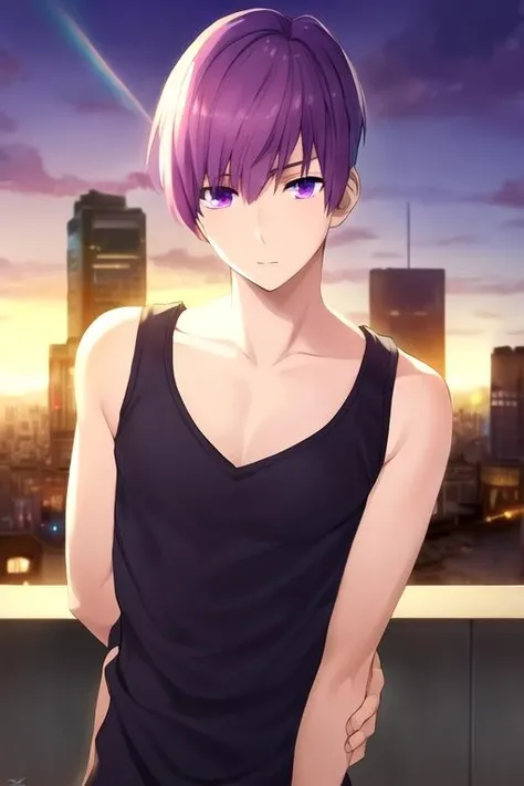 masterpiece, best quality, photorealistic, 1boy, solo, male focus, looking at viewer, , , <lora:ryou_hoshino:0.68>, ryou_hoshino, purple hair, purple eyes, tank top, , The City of Glas, 16k resolution