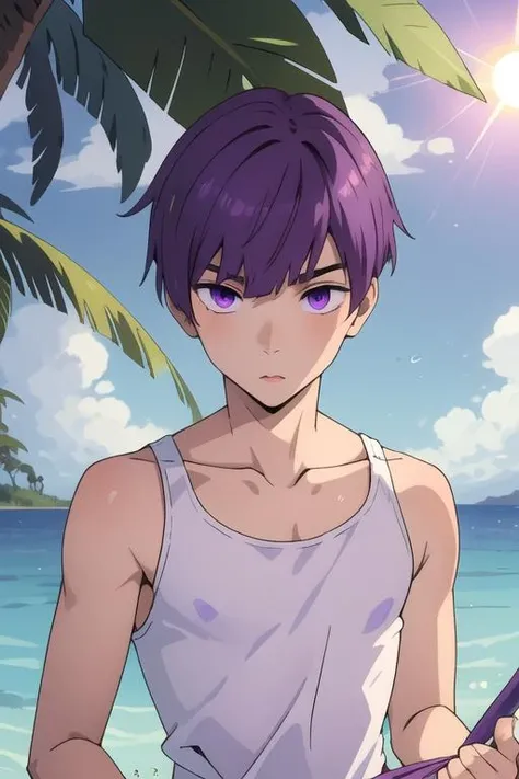 masterpiece, best quality, wallpaper, 1boy, solo, male focus, looking at viewer, upper body, depth of field, <lora:ryou_hoshino:0.70>, ryou_hoshino, purple hair, purple eyes, swim trunks, , A tropical paradise where the sun shines brightly every day, 12k resolution