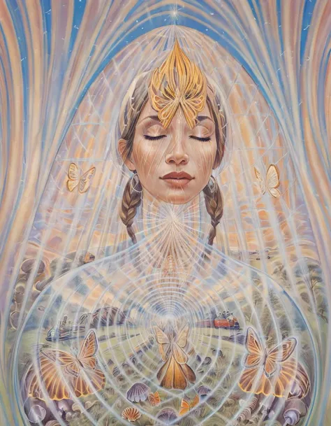 <lora:amsa:0.75>amsa, woman, tears, butterfleye, shell, mushrooms, prayer, geodome, tent, tipi, train, crystal