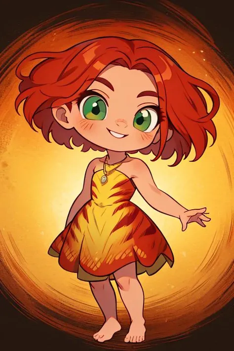 AS-YoungestV2, Eep Crood,solo,red hair,green eyes,short hair,muscular, Dress,necklace,bare shoulders,barefoot,animal print, smile, heavy, posing as hero, (insanely detailed, beautiful detailed face, beautiful detailed eyes, masterpiece, best quality) <lora:Eep-10:0.8>