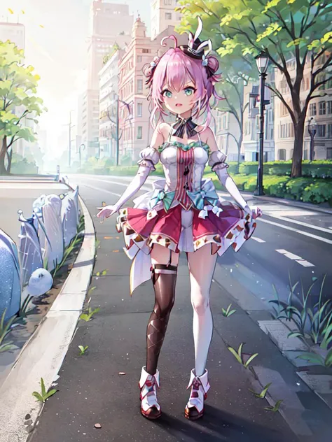 ( spade_echo ), hololive, 1girl, (masterpiece), (best-quality), (detailed), pink hair, light_green_eyes, cute, medium_breasts, short hair, double_bun, mini_hat, looking at viewer, facing viewer, park, road, lamp, city, tree, full_body, heart_ahoge,