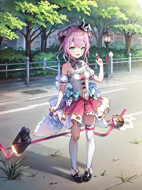 ( spade_echo ), hololive, 1girl, (masterpiece), (best-quality), (detailed), pink hair, light_green_eyes, cute, medium_breasts, short hair, double_bun, mini_hat, looking at viewer, facing viewer, park, road, lamp, city, tree, full_body, heart_ahoge,