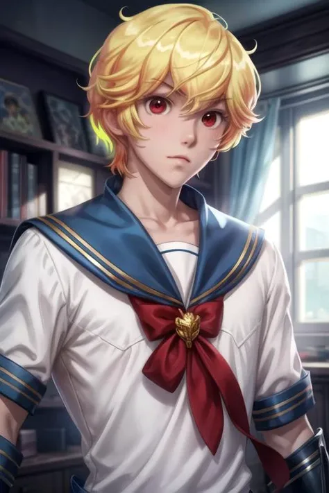 masterpiece, best quality, illustration, 1boy, solo, male focus, looking at viewer, upper body, depth of field, <lora:yumoto_hakone:0.70>, yumoto_hakone, blonde hair, red eyes, sailor collar, bow, gloves, knight costume, biopunk, Blu-ray