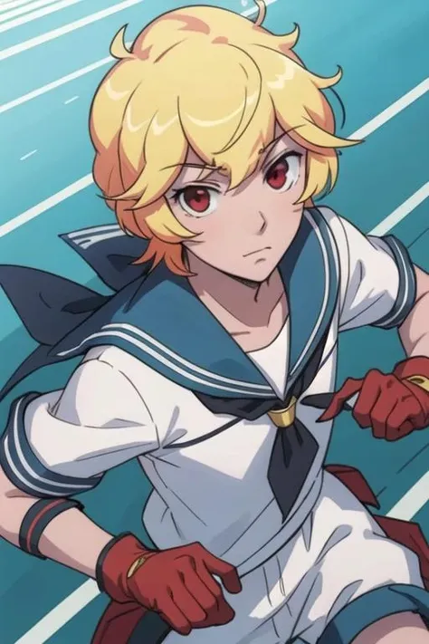 masterpiece, best quality, photorealistic, 1boy, solo, male focus, looking at viewer, , , <lora:yumoto_hakone:0.74>, yumoto_hakone, blonde hair, red eyes, sailor collar, bow, gloves, , ,