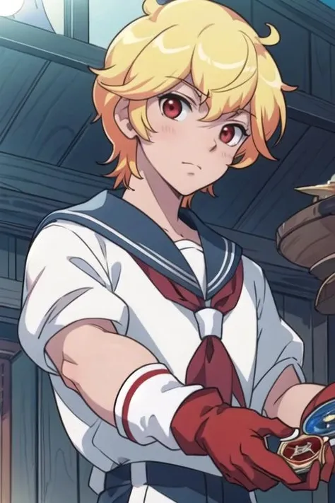 masterpiece, best quality, game cg, 1boy, solo, male focus, looking at viewer, upper body, depth of field, <lora:yumoto_hakone:0.72>, yumoto_hakone, blonde hair, red eyes, sailor collar, bow, gloves, , , Oz: A land of enchantment, where anything is possible, HD-DVD