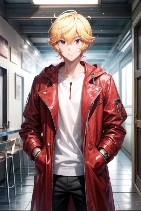 masterpiece, best quality, , 1boy, solo, male focus, looking at viewer, , , <lora:yumoto_hakone:0.66>, yumoto_hakone, blonde hair, red eyes, , raincoat, , ,